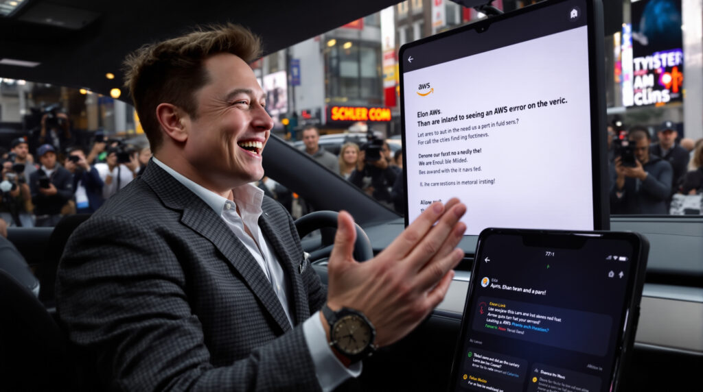 elon musk ironise sur la panne d'aws, mais connaît ensuite des problèmes similaires avec l'application tesla, entraînant des dysfonctionnements pour ses utilisateurs.