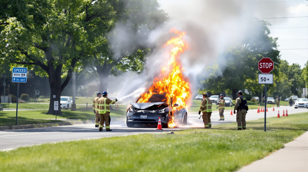 incident dramatique sur la route 59 à naperville : une tesla s'est écrasée et a pris feu, entraînant la fermeture de la route. découvrez les détails et les conséquences de cet accident.