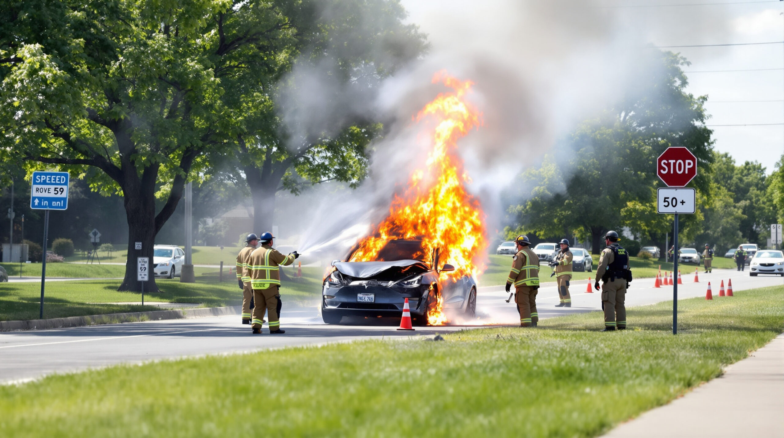 incident dramatique sur la route 59 à naperville : une tesla s'est écrasée et a pris feu, entraînant la fermeture de la route. découvrez les détails et les conséquences de cet accident.