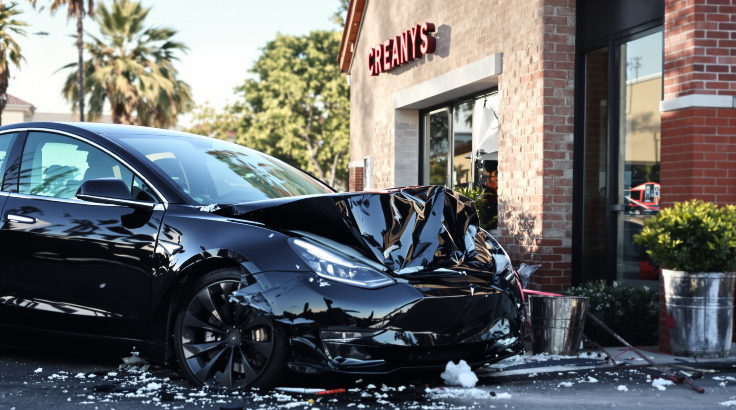 une tesla percute un restaurant à granada hills en plein déjeuner, provoquant des dégâts inattendus et perturbant la pause déjeuner des clients.