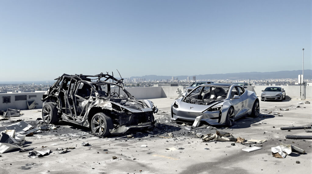 deux tesla cybertruck détruits et plusieurs autres véhicules endommagés après un accident dans un parking sur le toit à santa monica, suscitant inquiétude et enquête.