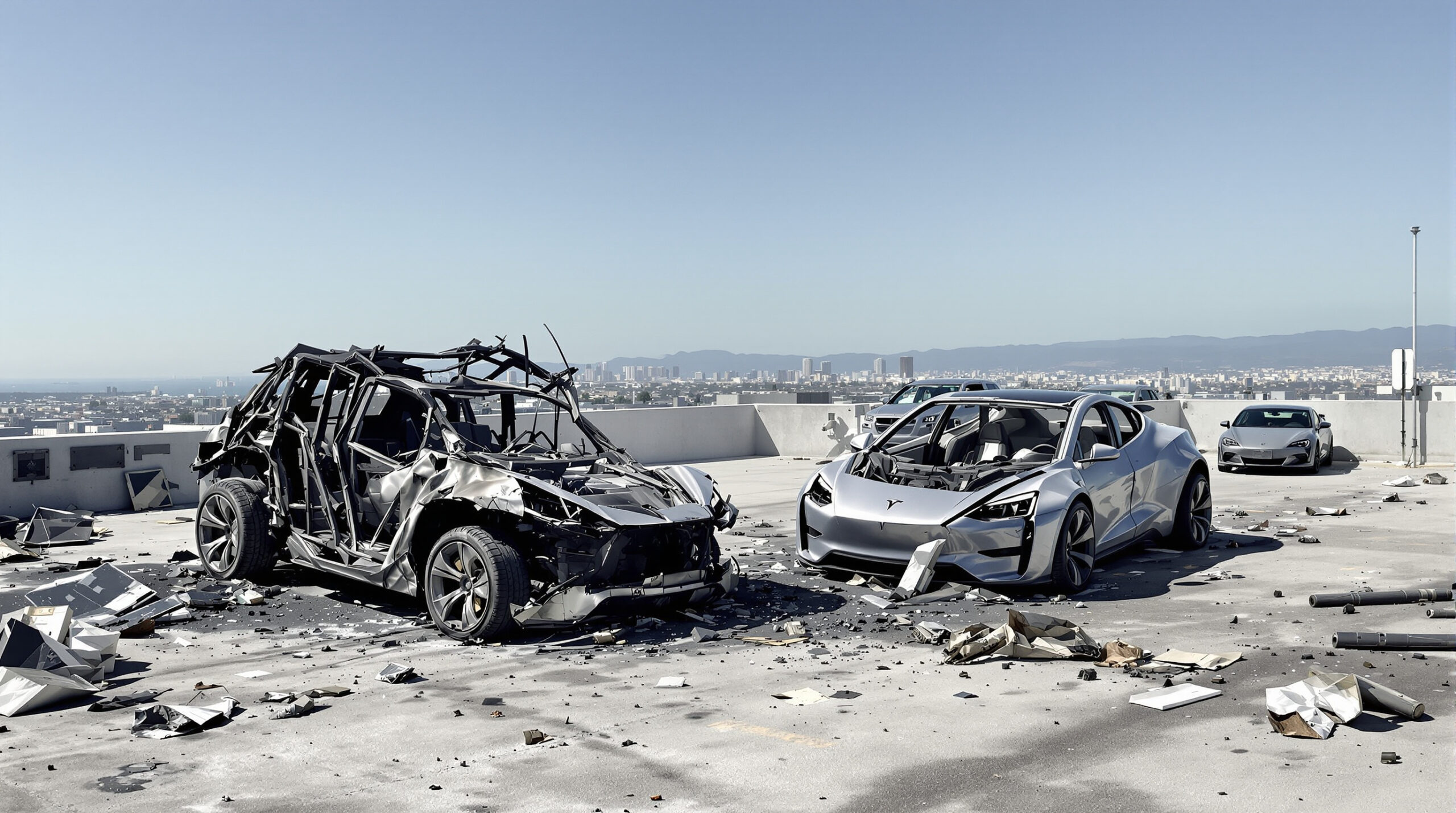 deux tesla cybertruck détruits et plusieurs autres véhicules endommagés après un accident dans un parking sur le toit à santa monica, suscitant inquiétude et enquête.