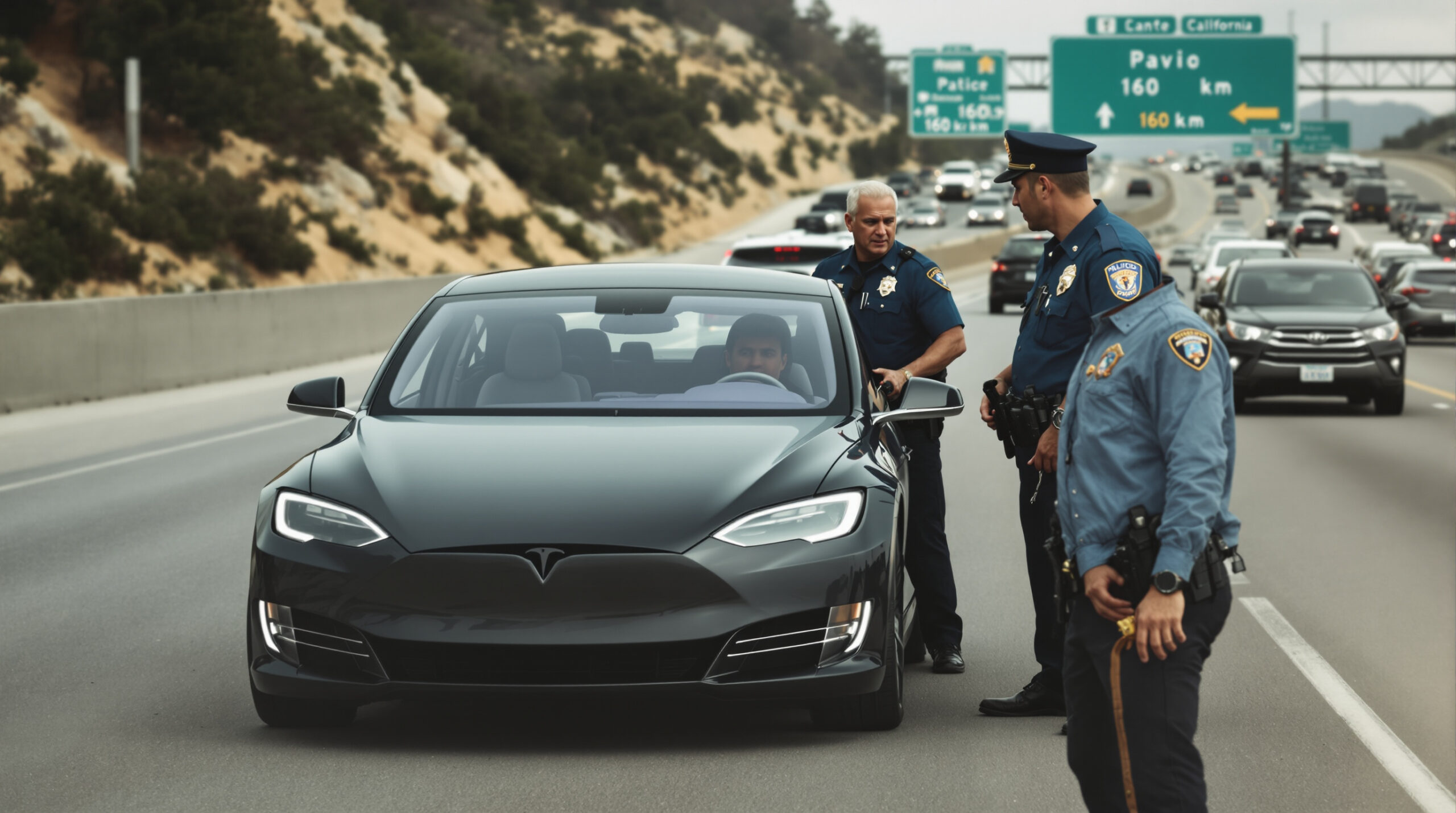 un conducteur de tesla arrêté en californie après avoir été surpris à plus de 160 km/h, menotté pour excès de vitesse dangereux.