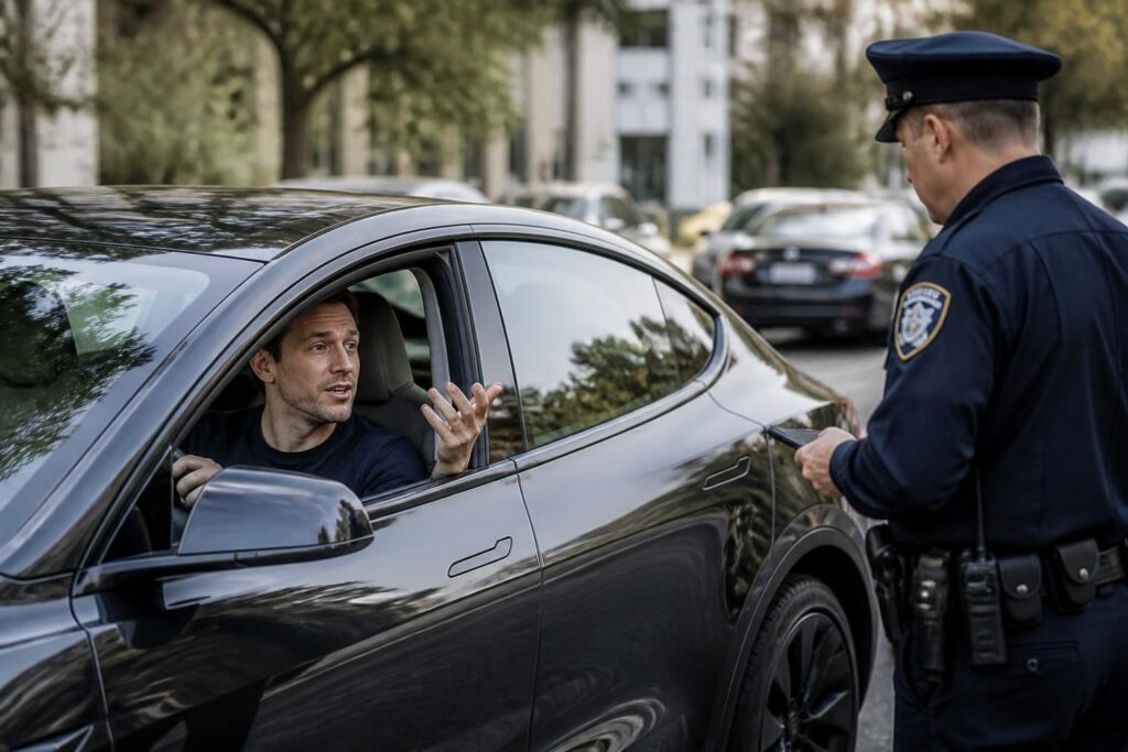 un conducteur tesla refuse de donner ses informations à un policier en déclarant « je ne suis pas obligé de vous donner quoi que ce soit », puis fait face à une conséquence immédiate.