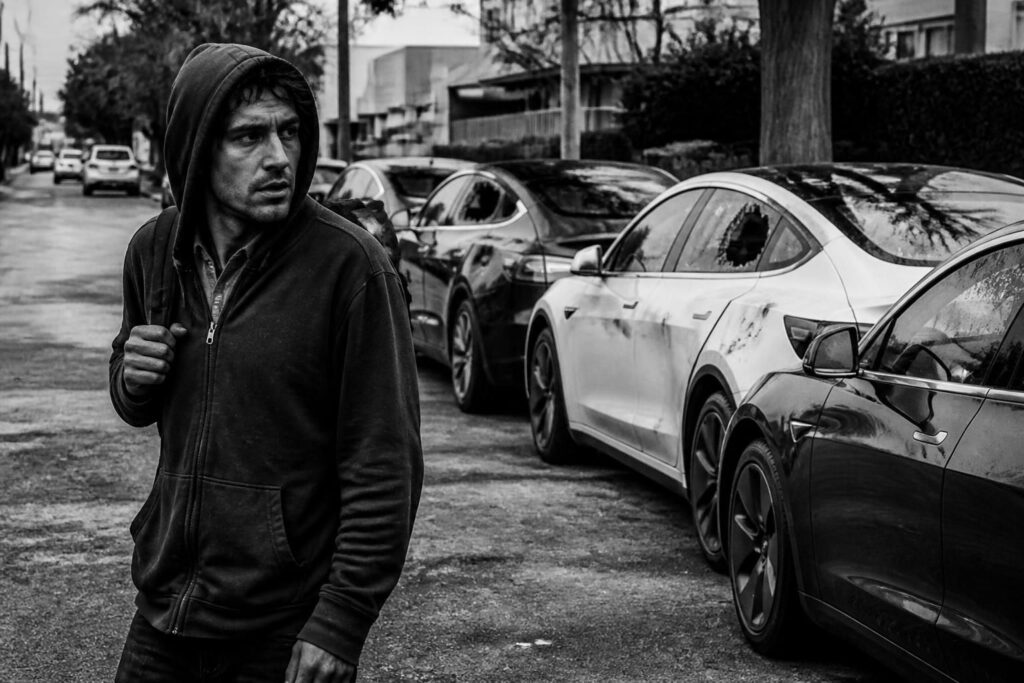 un homme en californie est en cavale après avoir vandalisé plus d'une douzaine de voitures tesla, suscitant une enquête policière intense.