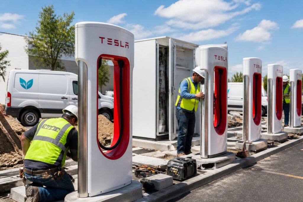 evgo commence la construction de bornes de recharge tesla supercharger sous licence, offrant aux conducteurs une nouvelle solution rapide et fiable pour recharger leurs véhicules électriques.
