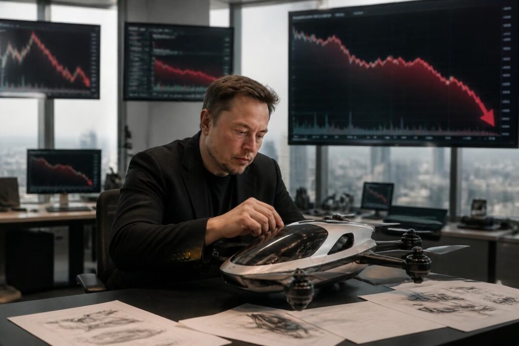 elon musk s'apprête à dévoiler une voiture volante innovante, tandis que l'action tesla connaît une baisse significative de 24 % depuis le début de l'année.