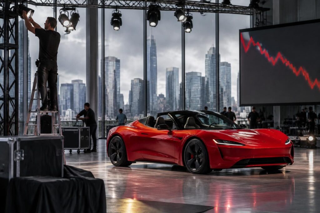 tesla prépare la présentation du roadster avant les livraisons attendues au troisième trimestre, alors que son action recule en bourse.