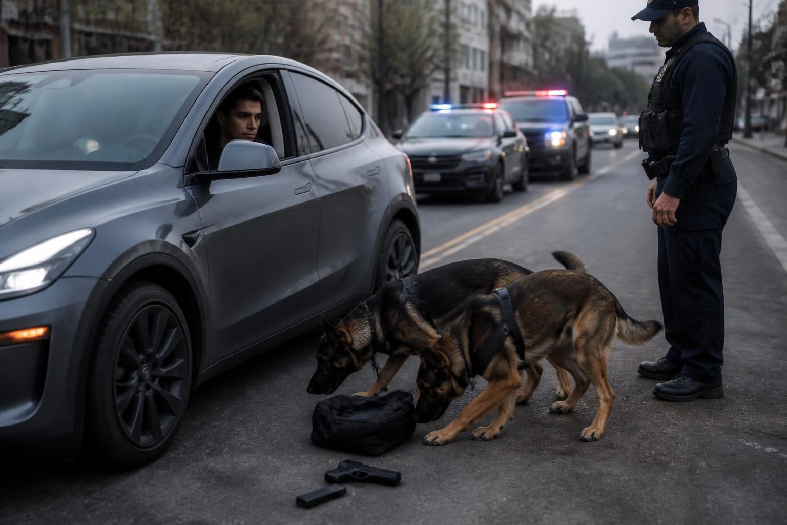 un conducteur de tesla arrêté après que des chiens policiers ont découvert une arme chargée lors d'un contrôle routier.
